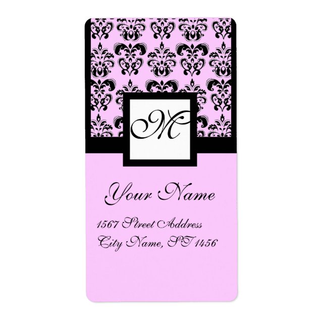 BLACK AND PINK SQUARE DAMASK MONOGRAM LABEL (Front)