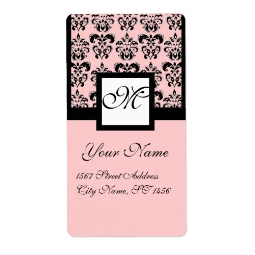 BLACK AND PINK SQUARE DAMASK MONOGRAM LABEL