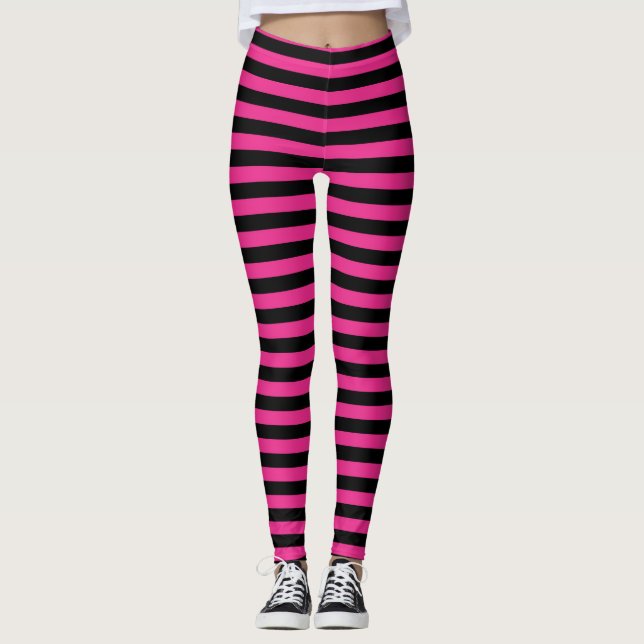 Black and Pink Stripes Horizontal Leggings (Front)