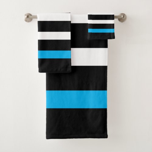 Black and pink stripes pattern blue accents bath towel set