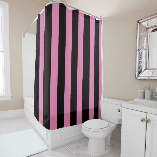 Black and Pink Stripes Shower Curtain (In Situ)