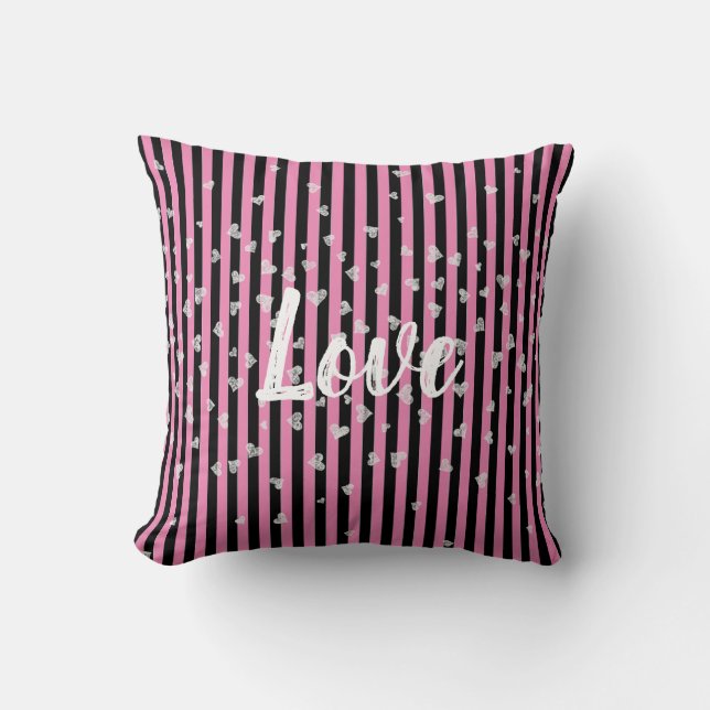 Black and  Pink Stripes with White Hearts Love Throw Pillow (Front)