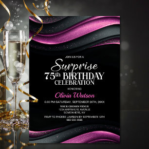Black and Pink Surprise 75th Birthday Party Invitation
