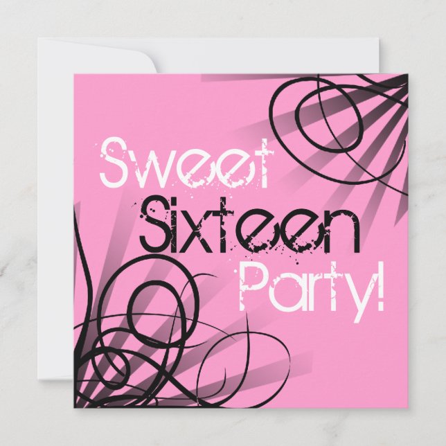 Black and Pink Swirl Sweet 16 Birthday Personalize Invitation (Front)
