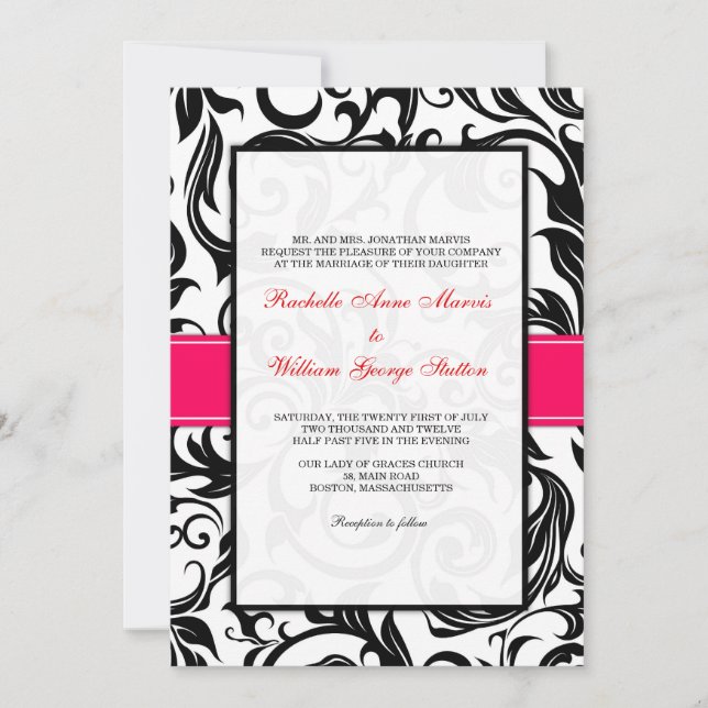 Black and Pink Swirl Wedding Invitation (Front)