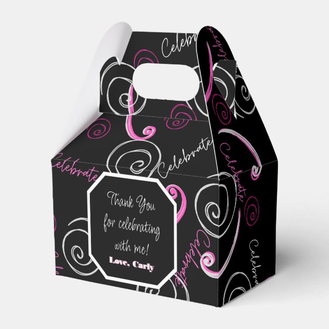 Black and Pink teen birthday party favor boxes (Front Side)