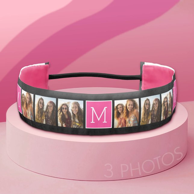 Black and Pink Trendy 3 Photo Collage - Monogram Athletic Headband (Custom Photo Headband)