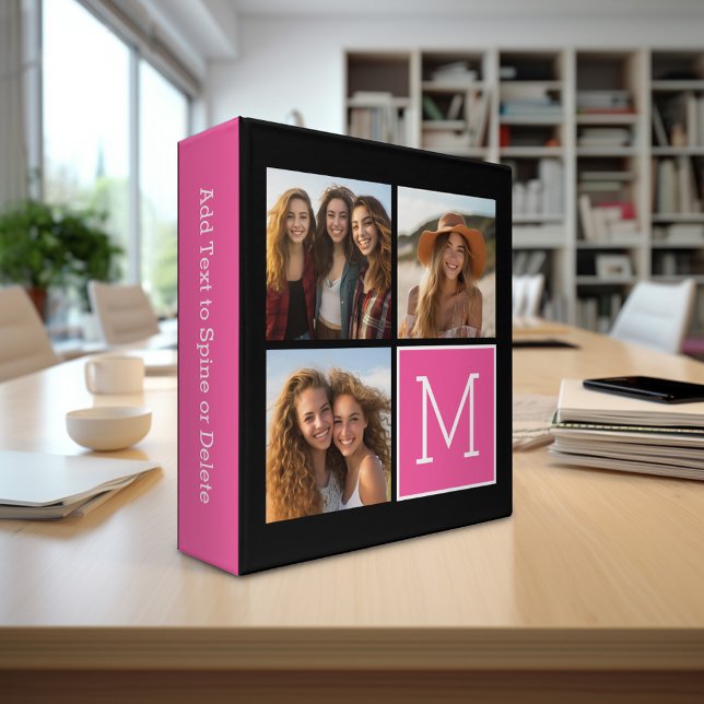 Black and Pink Trendy Photo Collage with Monogram 3 Ring Binder (Personalized photo binder)