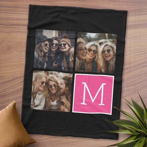 Black and Pink Trendy Photo Collage with Monogram Fleece Blanket