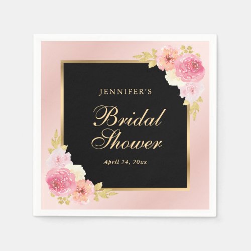 Black and Pink Watercolor Floral Bridal Shower Napkins