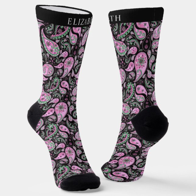 Black and Pink White Paisley Pattern Socks (Angled)
