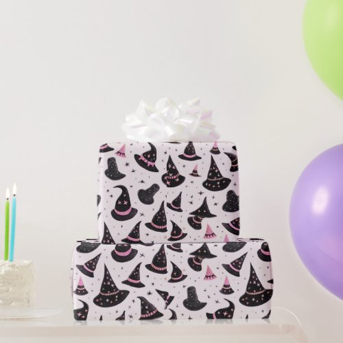 Black and Pink Witchs Hats Stars Pink Halloween Wrapping Paper
