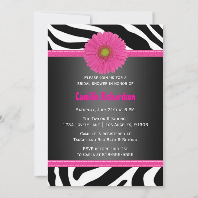 Black and Pink, Zebra Bridal Shower Invitation (Front)