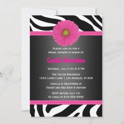 Black and Pink, Zebra Bridal Shower Invitation