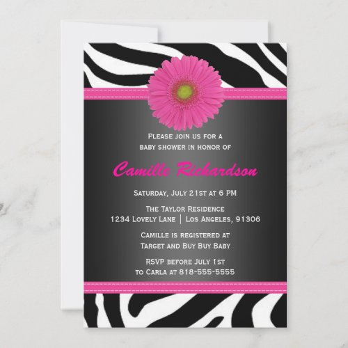 Black and Pink Zebra Girl Baby Shower Invitation