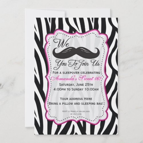Black and Pink Zebra Mustache Sleepover Party Announcements