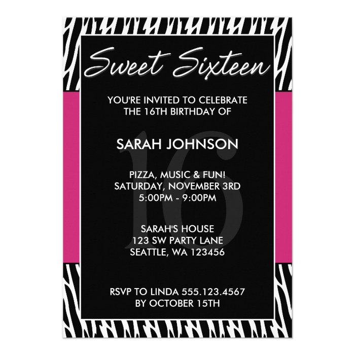 Black and Pink Zebra Pattern Sweet 16 Birthday Personalized Invites