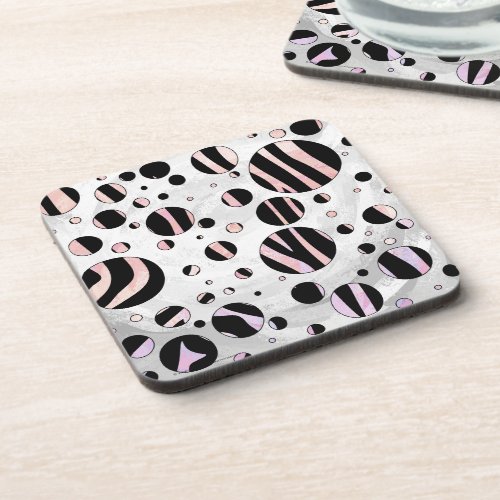 Black and Pink Zebra Polka Dots Beverage Coaster