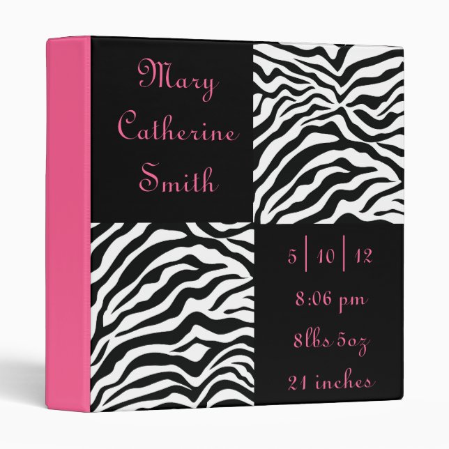 Black and Pink Zebra Print Baby Book 3 Ring Binder (Front/Spine)