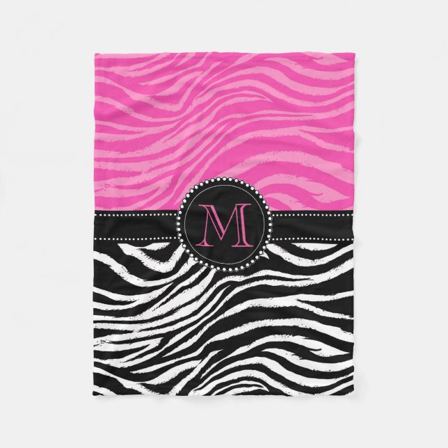 Black and Pink Zebra Print Custom Monogram girly Fleece Blanket (Front)