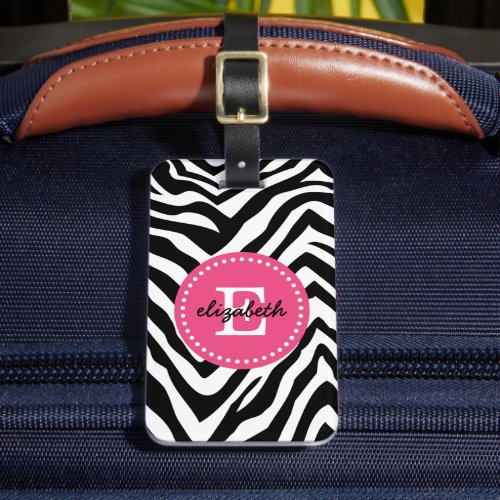 Black and Pink Zebra Print Custom Monogram Luggage Tag