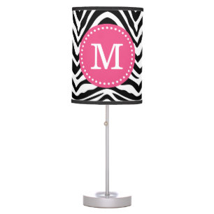 Black and Pink Zebra Print Custom Monogram Table Lamp
