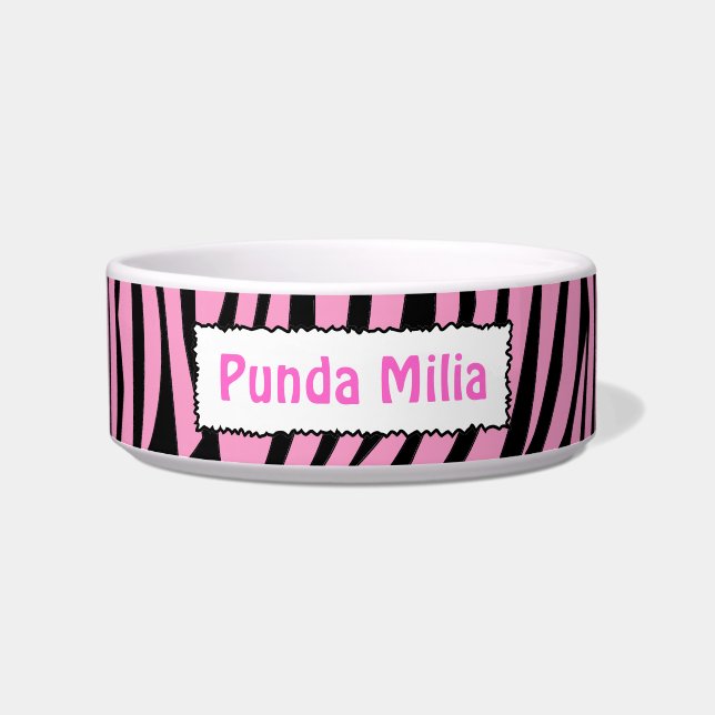Black and Pink Zebra Stripes Personalized Pet Bowl (Front)