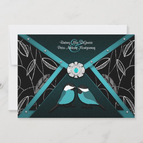 Black and Pool Blue Love Birds Wedding Invitations