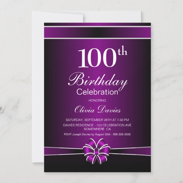 Black and Purple 100th Birthday Celebration Invitation (Front)