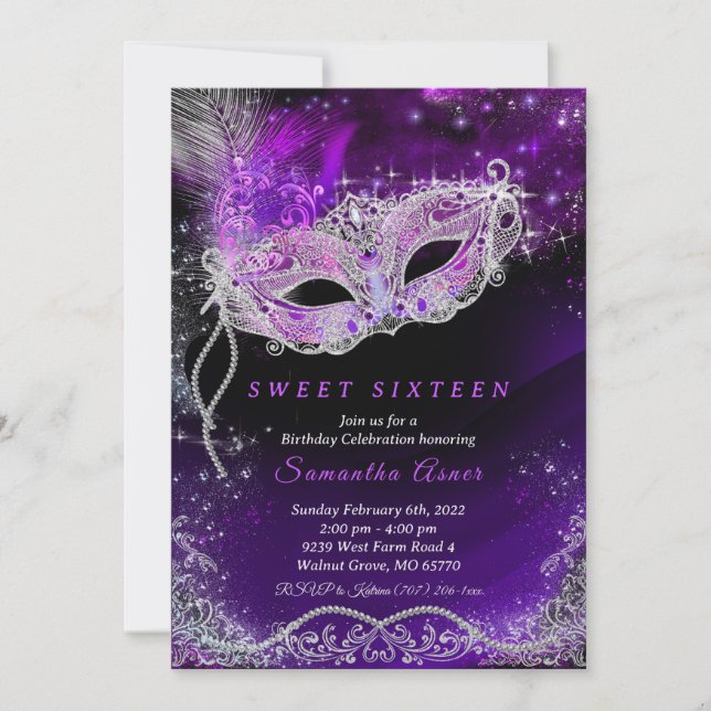 Black and Purple 16th Birthday Masquerade  Invitation (Front)