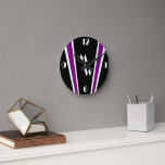 Black And Purple Art Deco Design Monogrammed Round Clock<br><div class="desc">This art deco design wall clock is a timekeeping device designed to hang on a wall, serving as both a functional tool and a decorative focal point for a room. Made from acrylic and features a pre-installed backside hanging slot for easy hanging and a non-ticking design. You can customise this...</div>