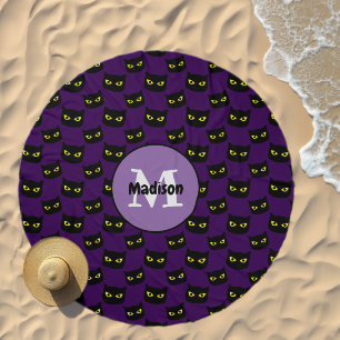 Black and purple cat Halloween pattern Monogram Beach Towel