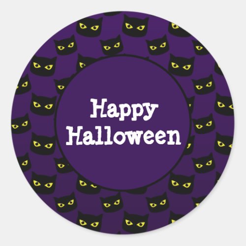 Black and purple cat yellow eyes Halloween pattern Classic Round Sticker