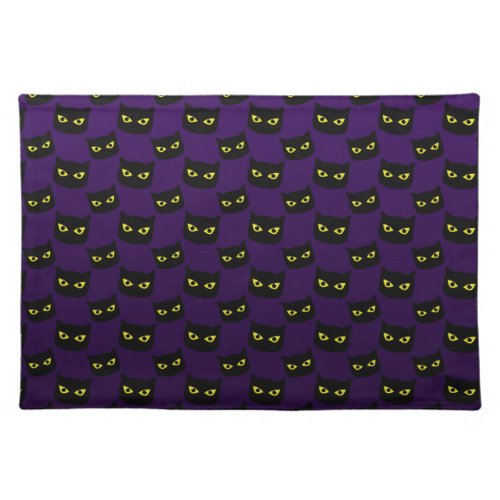 Black and purple cat yellow eyes Halloween pattern Cloth Placemat