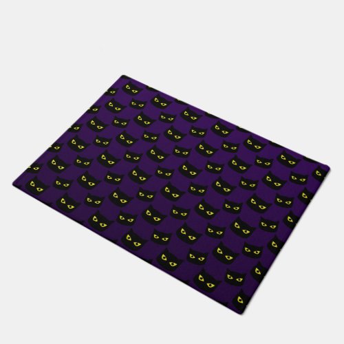 Black and purple cat yellow eyes Halloween pattern Doormat