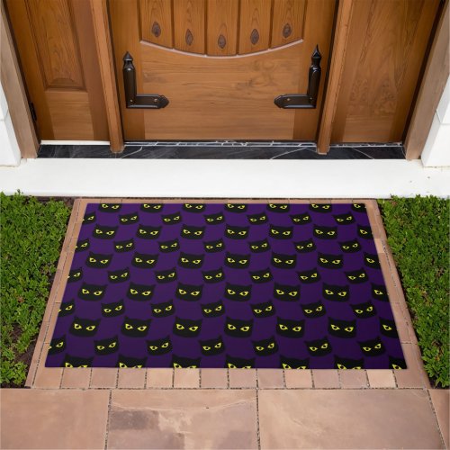 Black and purple cat yellow eyes Halloween pattern Doormat