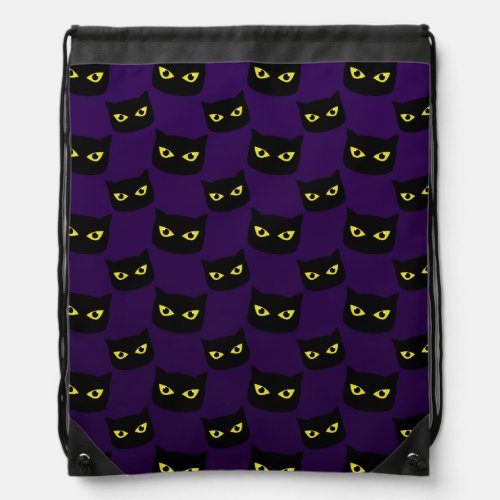 Black and purple cat yellow eyes Halloween pattern Drawstring Bag