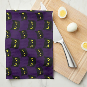 Black and purple cat yellow eyes Halloween pattern Kitchen Towel