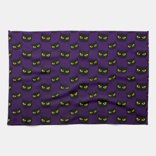 Black and purple cat yellow eyes Halloween pattern Kitchen Towel