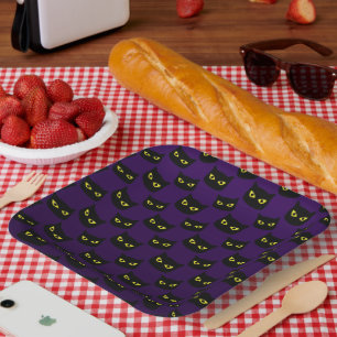 Black and purple cat yellow eyes Halloween pattern Paper Plates