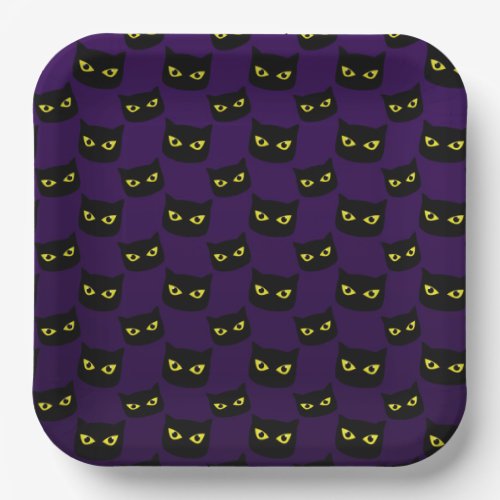 Black and purple cat yellow eyes Halloween pattern Paper Plates