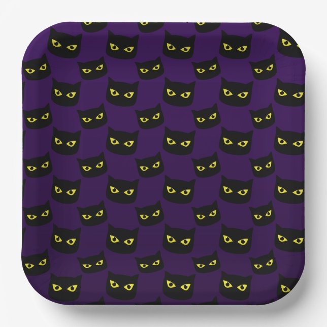 Black and purple cat yellow eyes Halloween pattern Paper Plates (Front)