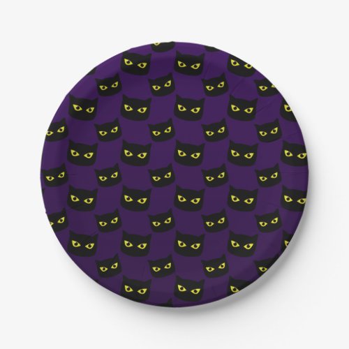 Black and purple cat yellow eyes Halloween pattern Paper Plates