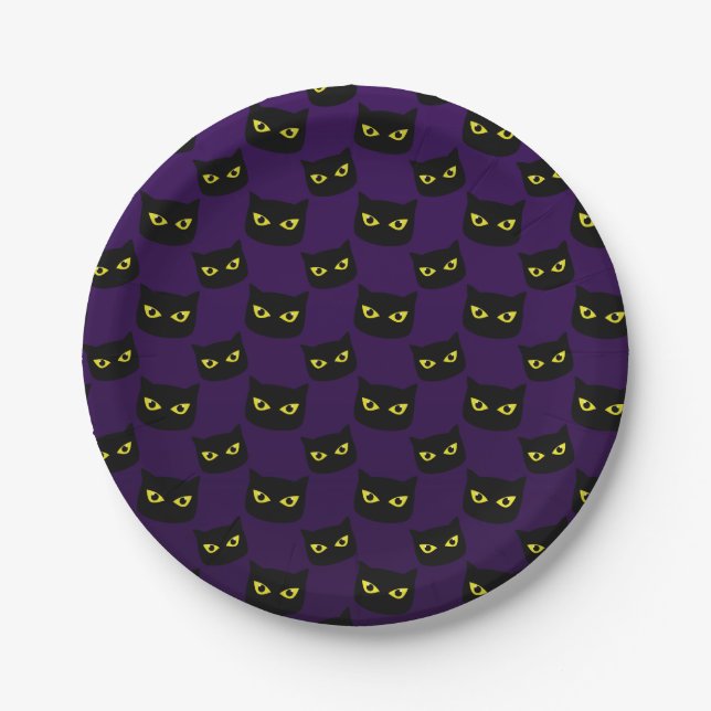 Black and purple cat yellow eyes Halloween pattern Paper Plates (Front)
