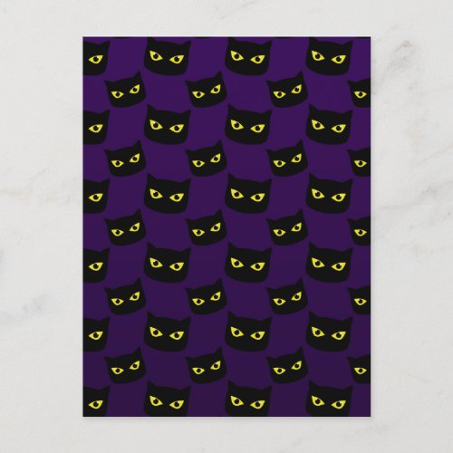 Black and purple cat yellow eyes Halloween pattern Postcard