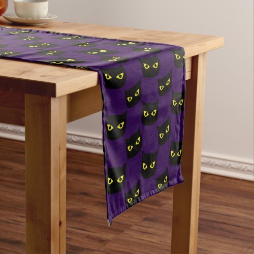 Black and purple cat yellow eyes Halloween pattern Short Table Runner