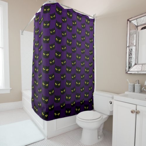 Black and purple cat yellow eyes Halloween pattern Shower Curtain