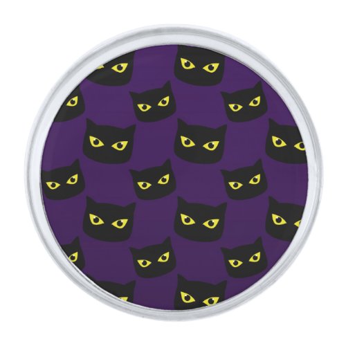 Black and purple cat yellow eyes Halloween pattern Silver Finish Lapel Pin