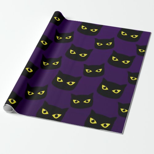 Black and purple cat yellow eyes Halloween pattern Wrapping Paper