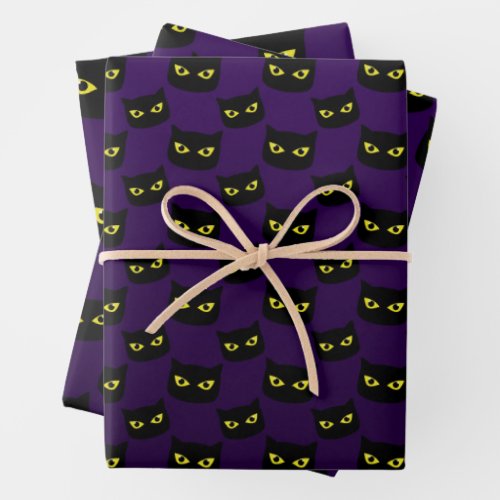 Black and purple cat yellow eyes Halloween pattern Wrapping Paper Sheets